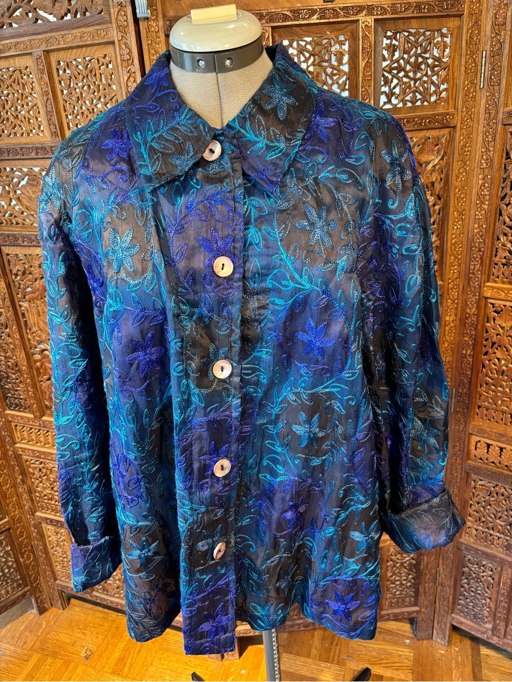 Silk Women's Blue & Teal Embroidered Button-Front Jacket